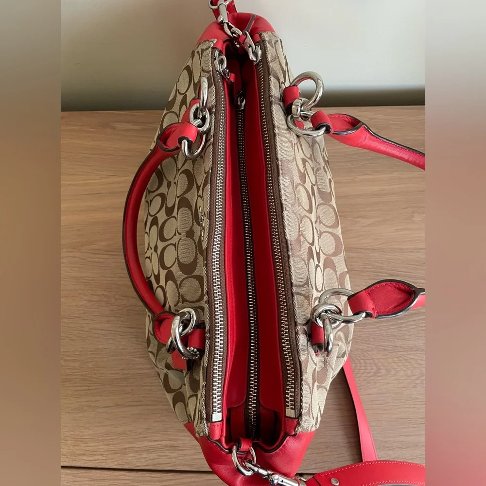 COACH F36376 SIGNATURE COLETTE CARRYALL RED TAN BROWN SHOULDER SATCHEL CROSSBODY
